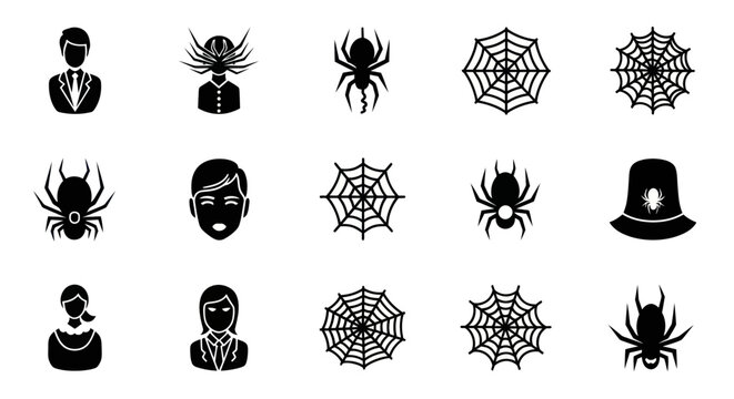 Black silhouettes of spiders and people with spiderwebs on a white background for Halloween.