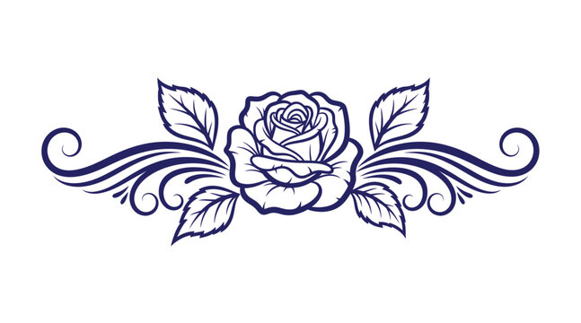 Elegant dark blue floral divider with a blooming rose and symmetrical leafy filigree swirls ornament decorative filigree botanical illustration invitation symmetric romantic scrolling
