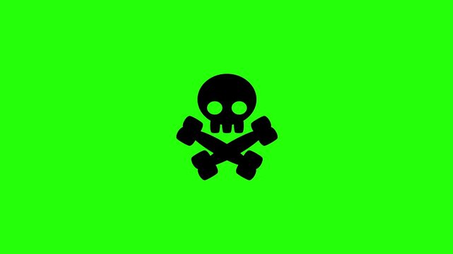 Professional 4K footage of a human skull with crossed bones danger sign silhouette bouncing. Clean asset for pirate flag toxic warning corporate web.