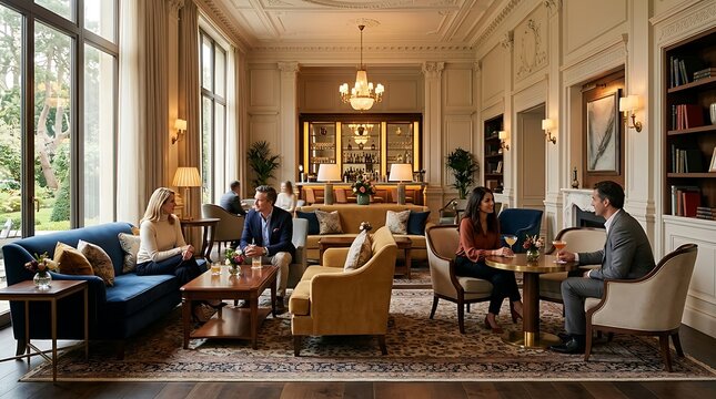 People socialising in an elegant luxury hotel lounge bar