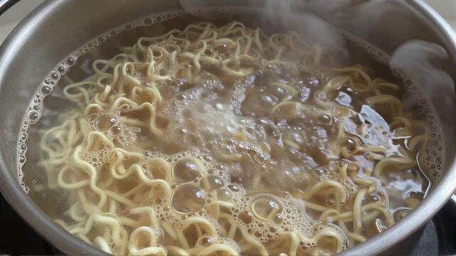 AI Generation: close-up of instant noodles cooking in a pot of boiling water.