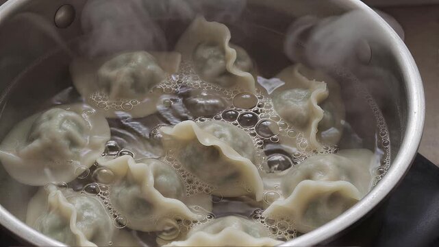 AI Generation: close-up of dumplings cooking in a pot of boiling water.