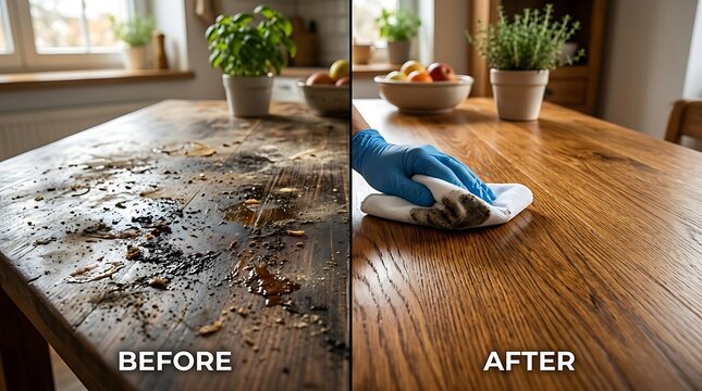 Before and after comparison of cleaning a dirty wooden table