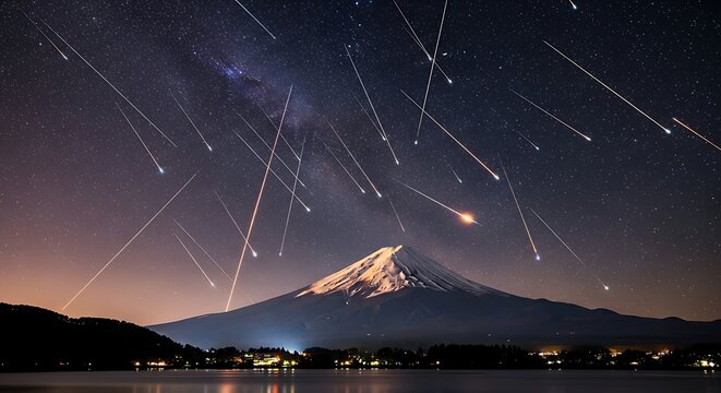 Meteor shower over a snow capped mountain peak at night