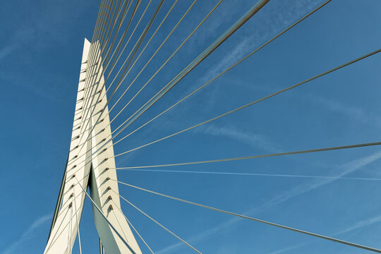 View of the white pylon and steel cables of the Erasmus Bridge against a clear blue sky in Rotterdam, South Holland, Netherlands.