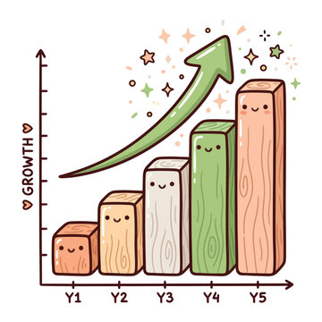 Cute growth chart bars with happy faces and green arrow showing progress and success