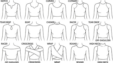 Fashion technical sketch illustration of different neckline types for women apparel garment design infographic vector © Md Atiar Rahman
