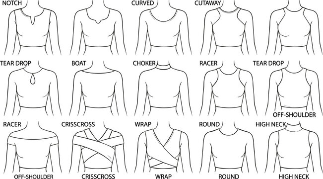 Fashion technical sketch illustration of different neckline types for women apparel garment design infographic vector