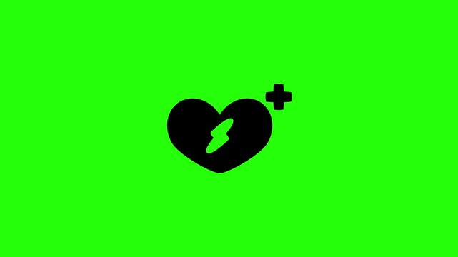 Premium 4K motion graphic of an emergency AED cardiac defibrillator heart sign silhouette bouncing. Clean asset for public safety hospital web layout.
