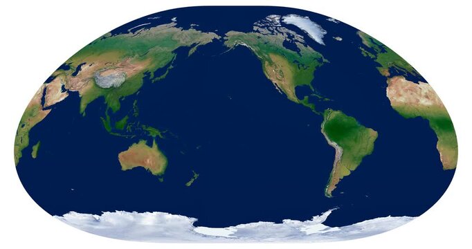 World Map. Loximuthal projection rotating longitude animation. High-detail physical map of Earth. Educational tool for navigation and direction.