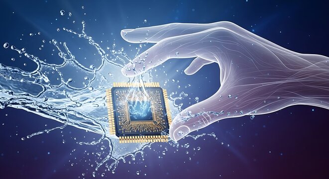 Human hand interacting with advanced microchip and water splash