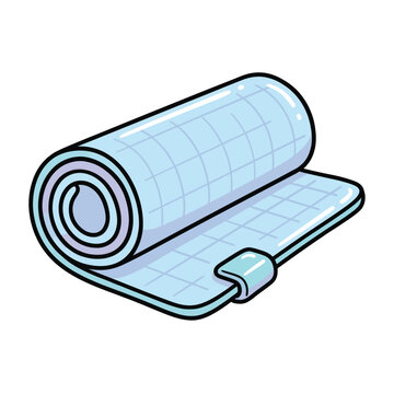 A rolled yoga mat with a grid pattern and a light blue hue ready for use