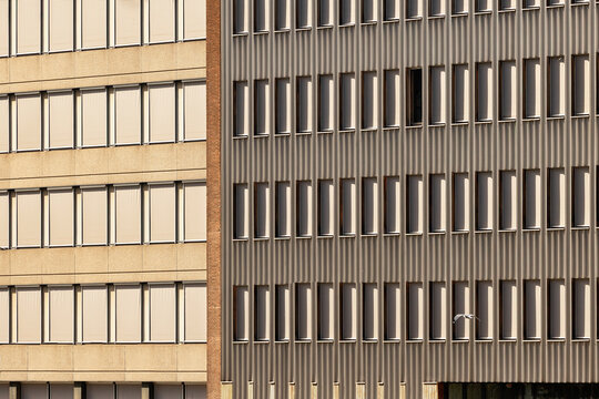 View of modern office buildings featuring repetitive window patterns and architectural facades under bright daylight Rotterdam, South Holland, Netherlands.