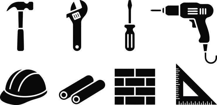 Construction tools and safety equipment silhouette collection