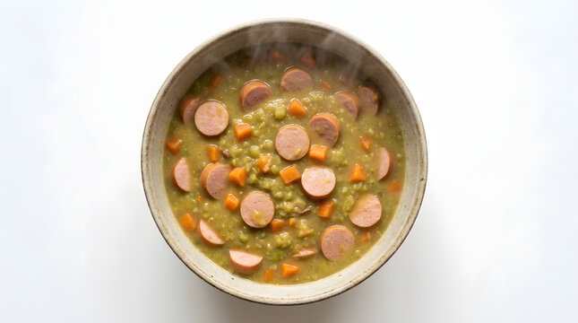 Hearty bowl of traditional German Erbsensuppe thick green split pea soup with sausage slices, isolated on pure white