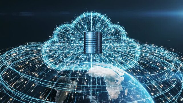 Digital data streams exploding from planet Earth into a glowing cloud server structure, symbolizing global network connectivity and cloud computing technology