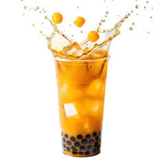 Refreshing orange bubble tea with splashing liquid and tapioca pearls isolated on transparent background