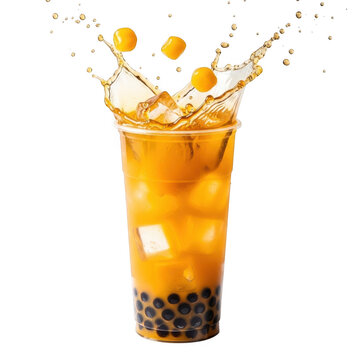 Refreshing orange bubble tea with splashing liquid and tapioca pearls isolated on transparent background