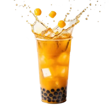Refreshing orange bubble tea with splashing liquid and tapioca pearls isolated on transparent background