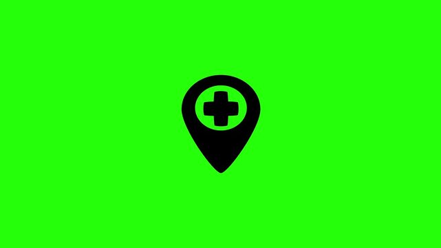 Beautiful 4K motion asset containing a navigation map pin pointer with medical cross center silhouette bouncing cleanly. Clean city clinical navigation graphic.