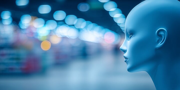 futuristic human-like robot face in city lights with bokeh effect