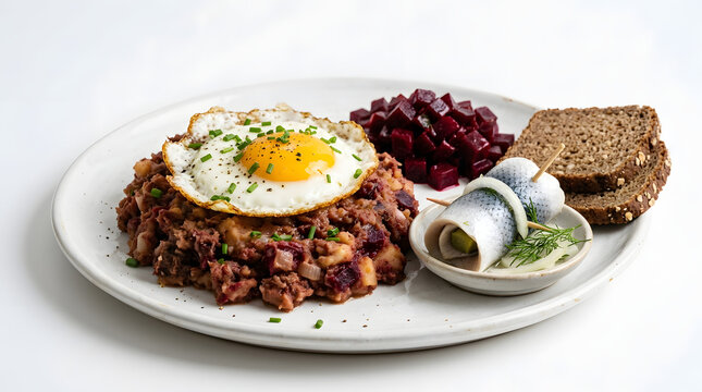 Northern German Labskaus corned beef mash topped with a fried egg, rollmops, and beetroot, pure white background
