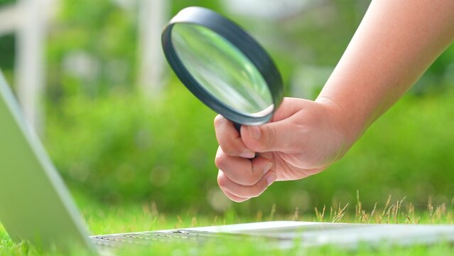 Examining a laptop with a magnifier in a green environment suggests digital investigation, precision, eco-conscious work, problem solving, and the pursuit of deeper understanding in modern tech life.

