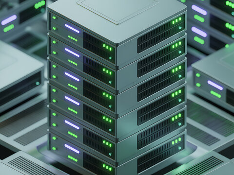 Server stack isometric render with glowing lights and cooling vents high quality professional