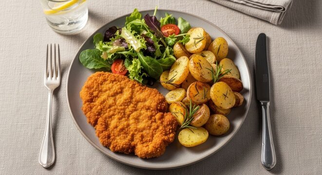 Crispy breaded schnitzel with roasted potatoes and fresh green salad