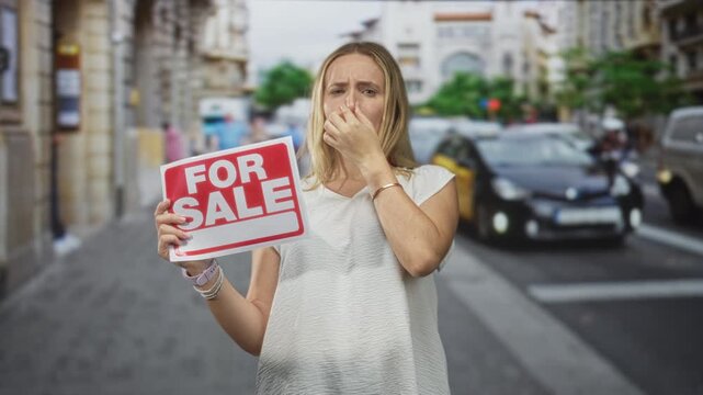 Woman with blonde hair holding a red for sale sign while pinching her nose on a busy urban street with cars and buildings nearby; disgust.