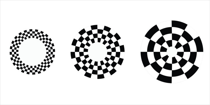 Three concentric circular checkerboard patterns in black and white abstract background circle