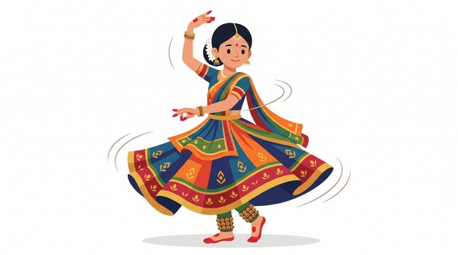 Indian girl performing traditional folk dance in colorful lehenga choli illustration
