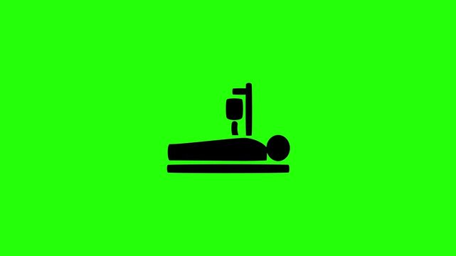 Dynamic 4K resolution asset showing an ill patient resting on a clinic bed with an intravenous IV stand silhouette bouncing. Playful popup recovery icon element.