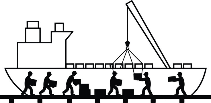 Cargo ship loading and unloading a busy port scene in black and white