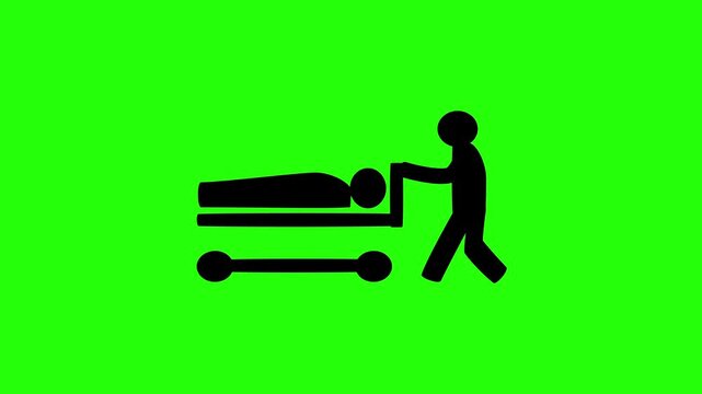 4K resolution video of a medical paramedic pushing an emergency wheeled gurney stretcher trolley silhouette bouncing into view. ER department web icon.