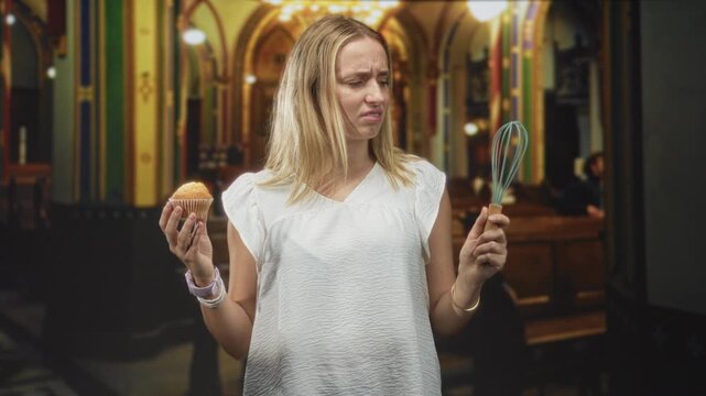 Woman blonde holding muffin and whisk grimaces, nose wrinkled, inside ornate church nave with pews and arches; cooking doubt disgust.