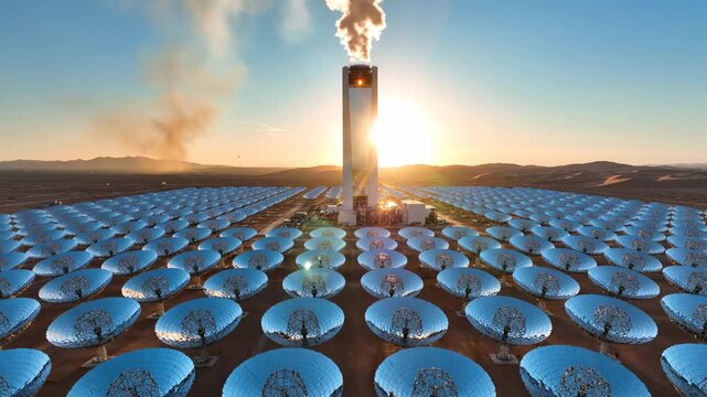 Expansive solar power farm with rows of parabolic mirrors reflecting sunlight towards a central tower emitting steam, showcasing renewable energy and environmental sustainability at sunset.