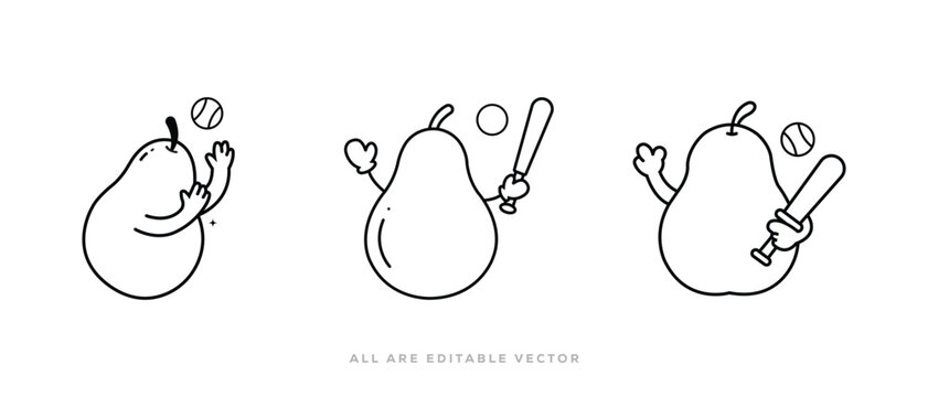 Pea Playing Baseball vector Icon. Pear Fruit Baseball Player Doodle Clipart. character coloring page, cartoon and funny Fruit style black line vector.