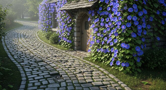 A picturesque cobblestone path leading to a charming small house covered in blooming blue morning glories