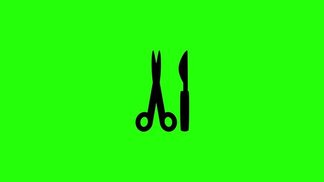Professional 4K footage of sharp medical stainless steel scalpel knife and clamp scissors silhouettes bouncing. Clean asset for invasive clinical surgery corporate web.
