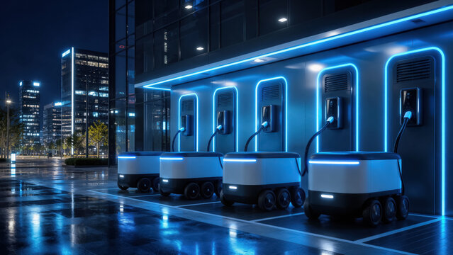 Fleet of autonomous delivery robots docked at glowing charging station in modern city street at night atmosphere