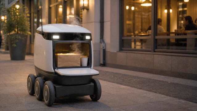 Hot food delivery technology concept with robot transporting pizza and subtle steam rising in evening city