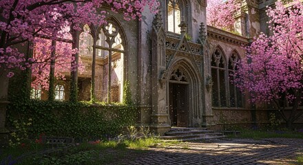 Obraz premium Abandoned stone mansion with pink cherry blossoms growing through broken vintage windows