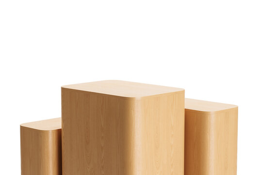 Wooden podium stands shown in simple minimal style on white background, concept of product display and presentation, 3D Rendering