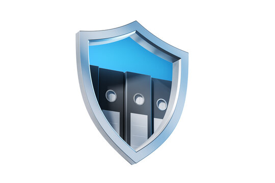 Shield with office binders in metallic style on white background, symbolizing secure data protection and document safety, 3D Rendering