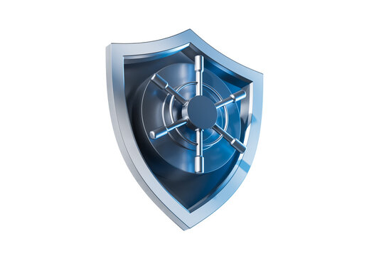 Metallic shield with vault lock mechanism in realistic style on white background symbolizing security and protection concept 3D Rendering