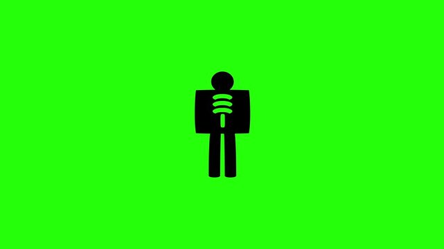 High definition 4K clip of a human silhouette body holding an x-ray film chest panel displaying skeleton ribs bouncing cleanly. Medical scan agency icon.