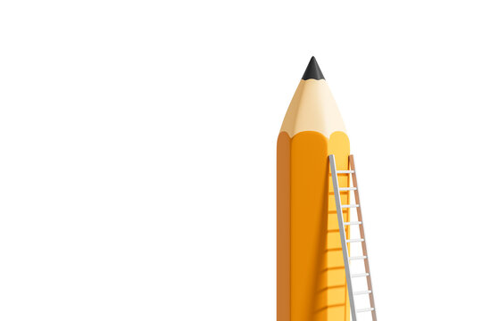 Orange pencil with ladder shown in clean minimalistic style on white background, symbolizing creativity and progress concept, presented as 3D Rendering