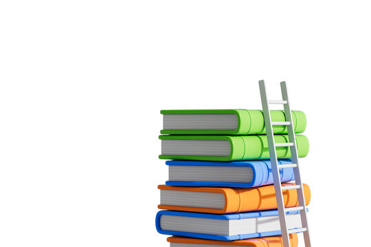 Stack of colorful books with ladder in smooth rendering style on white background showing concept of education growth, study progress and learning path 3D Rendering
