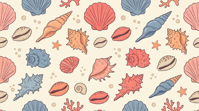 Cute hand drawn ocean seashell seamless pattern with colorful under the sea doodle icons, scallop shells, conch, starfish, coral reef, and marine life wallpaper illustration.